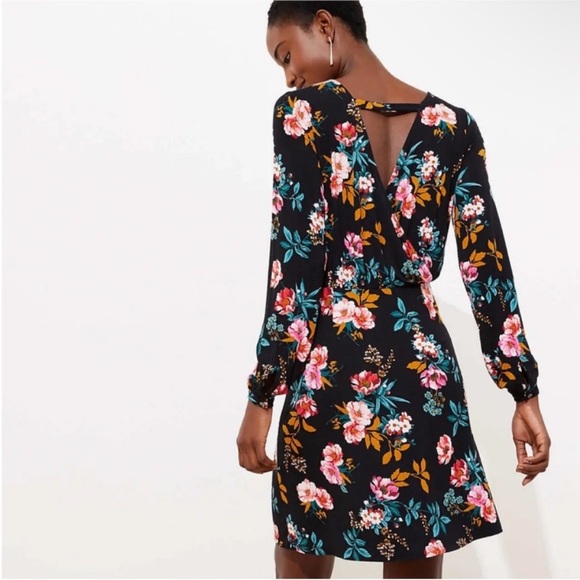 LOFT Open Back Black Floral Long-Sleeve Mini Dress Pink & Teal Accents size 14 - Picture 3 of 16